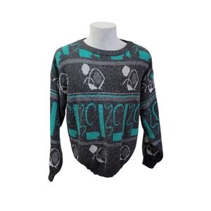 Vtg Men's Kiss Wear Sweater Size M Abstract Green Gray White Ski Snowboard 80's